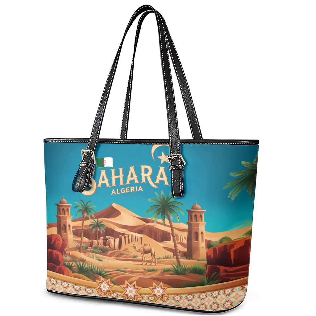 Sahara Algeria Leather Tote Bag with Desert Camel Landscape and Islamic Motif Design