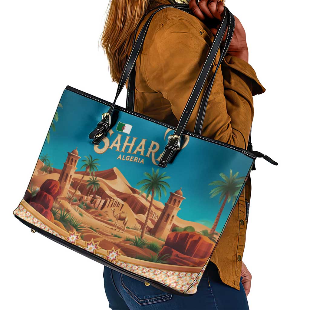 Sahara Algeria Leather Tote Bag with Desert Camel Landscape and Islamic Motif Design