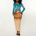 Sahara Algeria Long Sleeve Bodycon Dress with Desert Camel Landscape and Islamic Motif Design