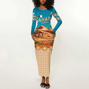 Sahara Algeria Long Sleeve Bodycon Dress with Desert Camel Landscape and Islamic Motif Design