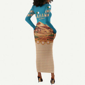 Sahara Algeria Long Sleeve Bodycon Dress with Desert Camel Landscape and Islamic Motif Design
