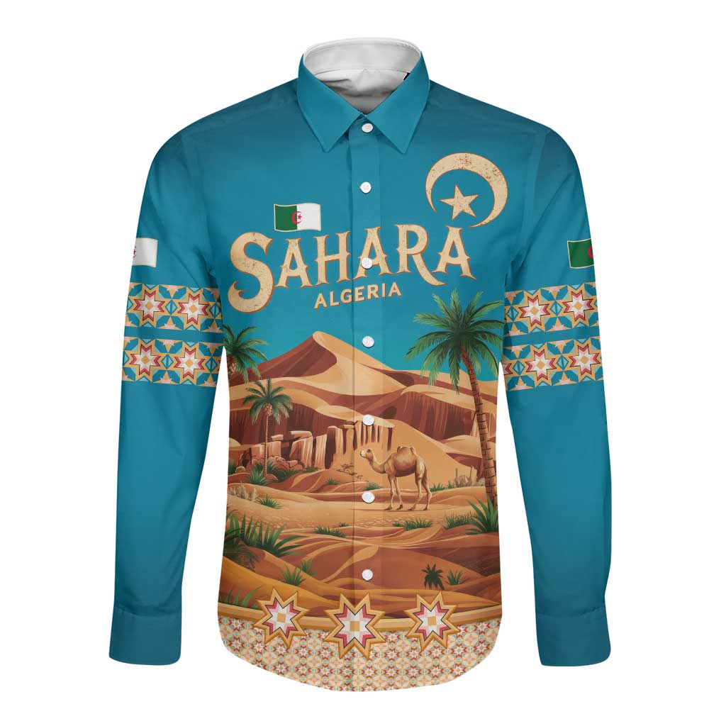 Sahara Algeria Long Sleeve Button Shirt with Desert Camel Landscape and Islamic Motif Design