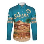 Sahara Algeria Long Sleeve Button Shirt with Desert Camel Landscape and Islamic Motif Design