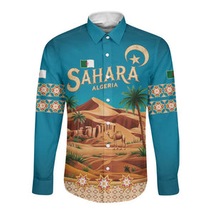Sahara Algeria Long Sleeve Button Shirt with Desert Camel Landscape and Islamic Motif Design