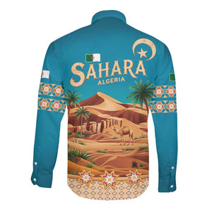 Sahara Algeria Long Sleeve Button Shirt with Desert Camel Landscape and Islamic Motif Design