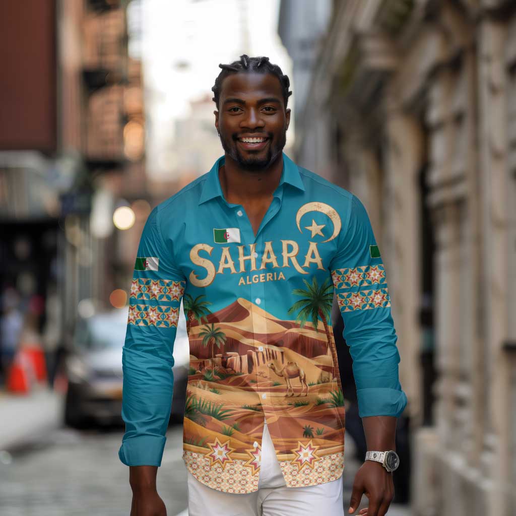 Sahara Algeria Long Sleeve Button Shirt with Desert Camel Landscape and Islamic Motif Design