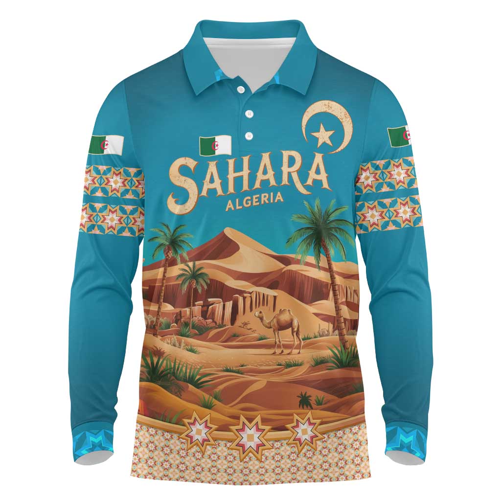 Sahara Algeria Long Sleeve Polo Shirt with Desert Camel Landscape and Islamic Motif Design