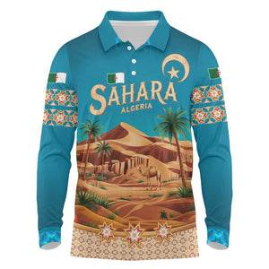 Sahara Algeria Long Sleeve Polo Shirt with Desert Camel Landscape and Islamic Motif Design