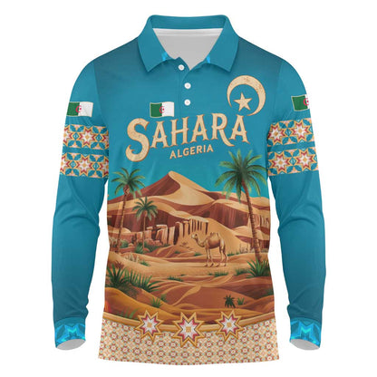 Sahara Algeria Long Sleeve Polo Shirt with Desert Camel Landscape and Islamic Motif Design