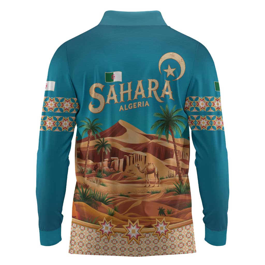 Sahara Algeria Long Sleeve Polo Shirt with Desert Camel Landscape and Islamic Motif Design