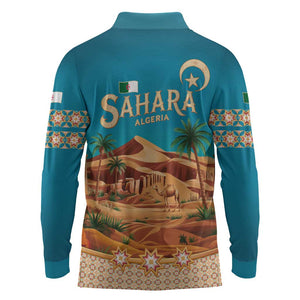 Sahara Algeria Long Sleeve Polo Shirt with Desert Camel Landscape and Islamic Motif Design