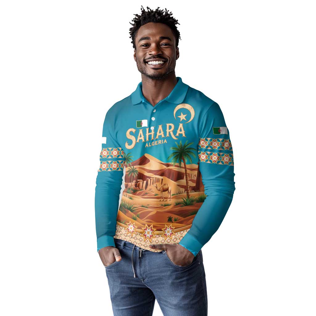 Sahara Algeria Long Sleeve Polo Shirt with Desert Camel Landscape and Islamic Motif Design