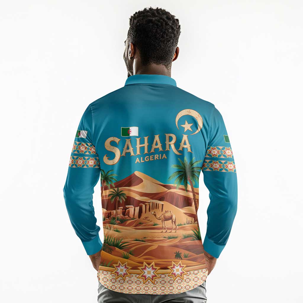 Sahara Algeria Long Sleeve Polo Shirt with Desert Camel Landscape and Islamic Motif Design