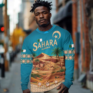 Sahara Algeria Long Sleeve Shirt with Desert Camel Landscape and Islamic Motif Design