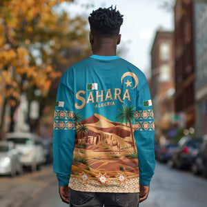 Sahara Algeria Long Sleeve Shirt with Desert Camel Landscape and Islamic Motif Design