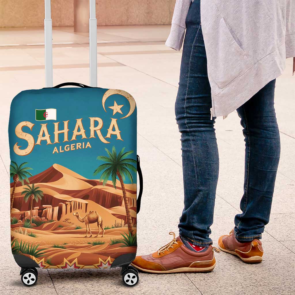 Sahara Algeria Luggage Cover with Desert Camel Landscape and Islamic Motif Design