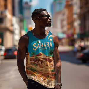 Sahara Algeria Men Tank Top with Desert Camel Landscape and Islamic Motif Design