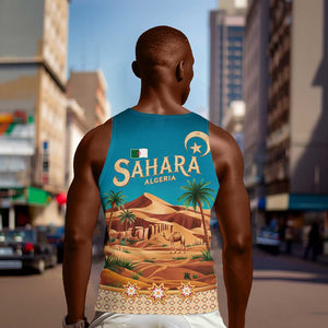 Sahara Algeria Men Tank Top with Desert Camel Landscape and Islamic Motif Design