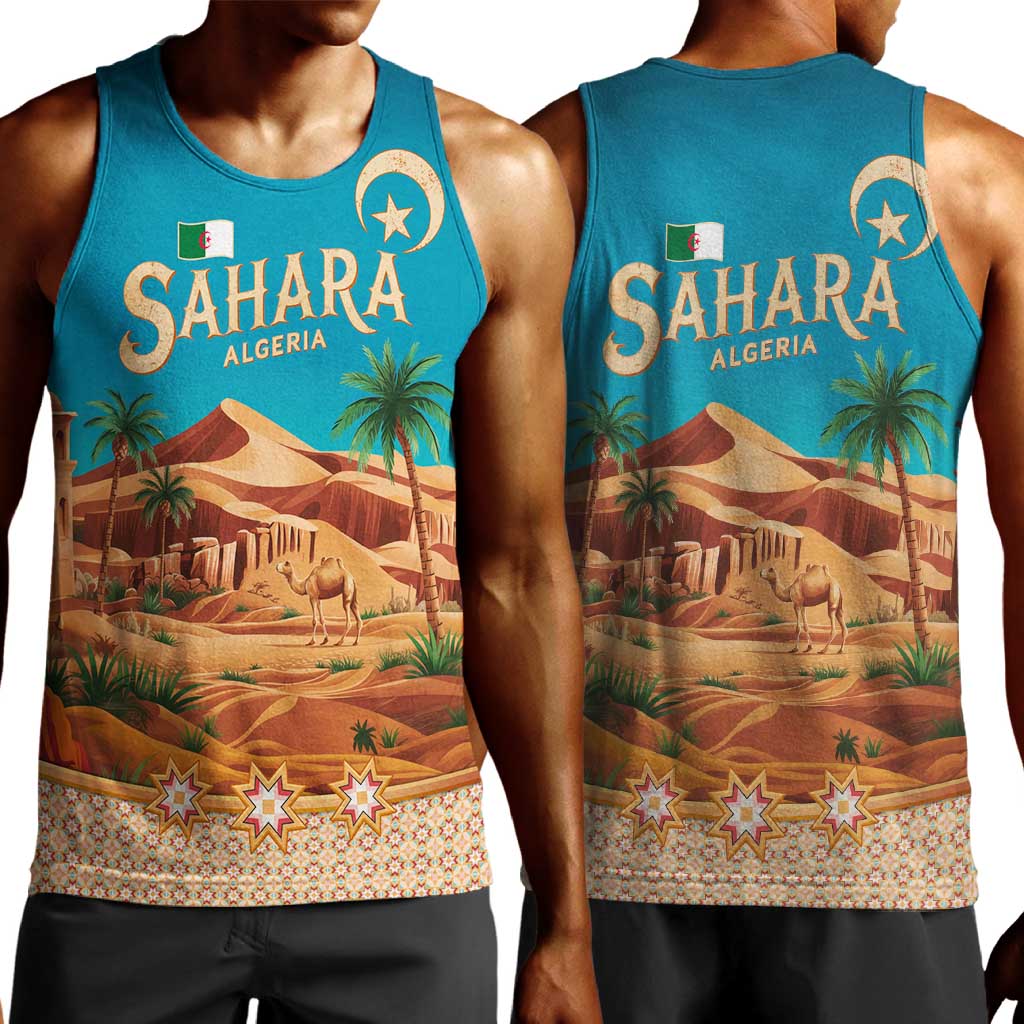 Sahara Algeria Men Tank Top with Desert Camel Landscape and Islamic Motif Design
