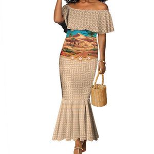Sahara Algeria Mermaid Dress with Desert Camel Landscape and Islamic Motif Design