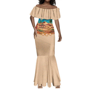 Sahara Algeria Mermaid Dress with Desert Camel Landscape and Islamic Motif Design