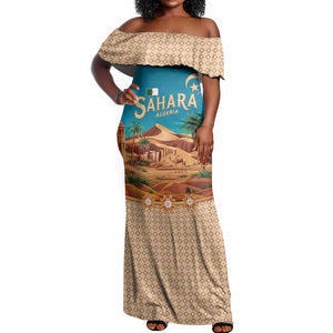 Sahara Algeria Off Shoulder Maxi Dress with Desert Camel Landscape and Islamic Motif Design