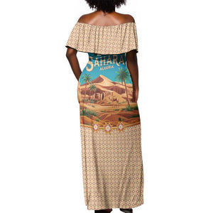 Sahara Algeria Off Shoulder Maxi Dress with Desert Camel Landscape and Islamic Motif Design