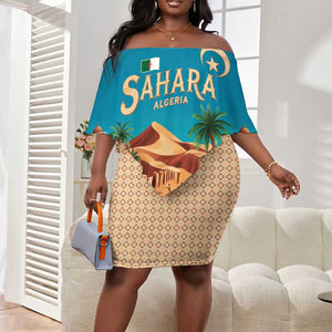 Sahara Algeria Off Shoulder Short Dress with Desert Camel Landscape and Islamic Motif Design