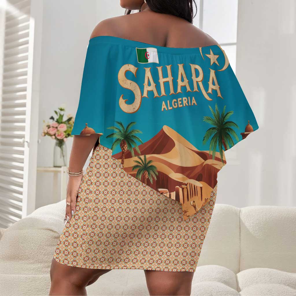 Sahara Algeria Off Shoulder Short Dress with Desert Camel Landscape and Islamic Motif Design
