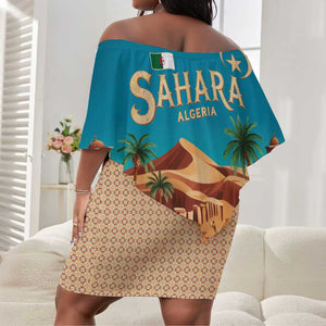 Sahara Algeria Off Shoulder Short Dress with Desert Camel Landscape and Islamic Motif Design