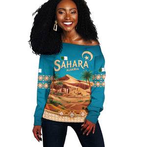 Sahara Algeria Off Shoulder Sweater with Desert Camel Landscape and Islamic Motif Design