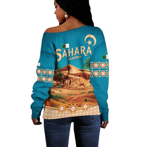 Sahara Algeria Off Shoulder Sweater with Desert Camel Landscape and Islamic Motif Design