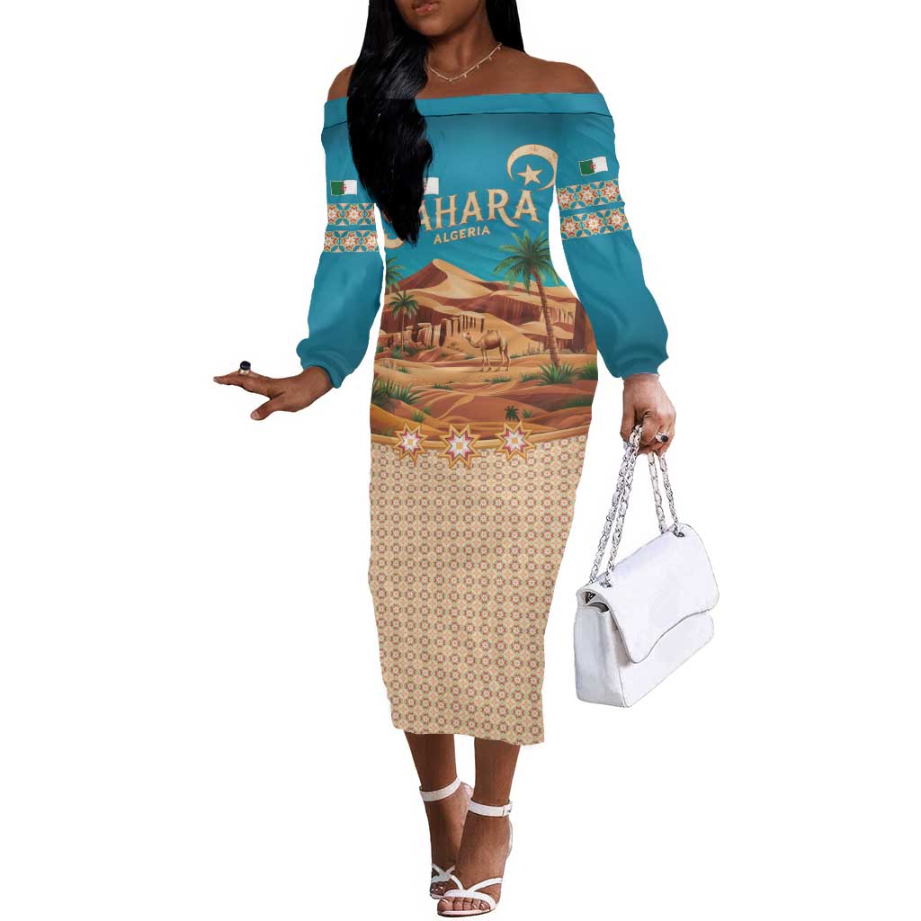 Sahara Algeria Off The Shoulder Long Sleeve Dress with Desert Camel Landscape and Islamic Motif Design