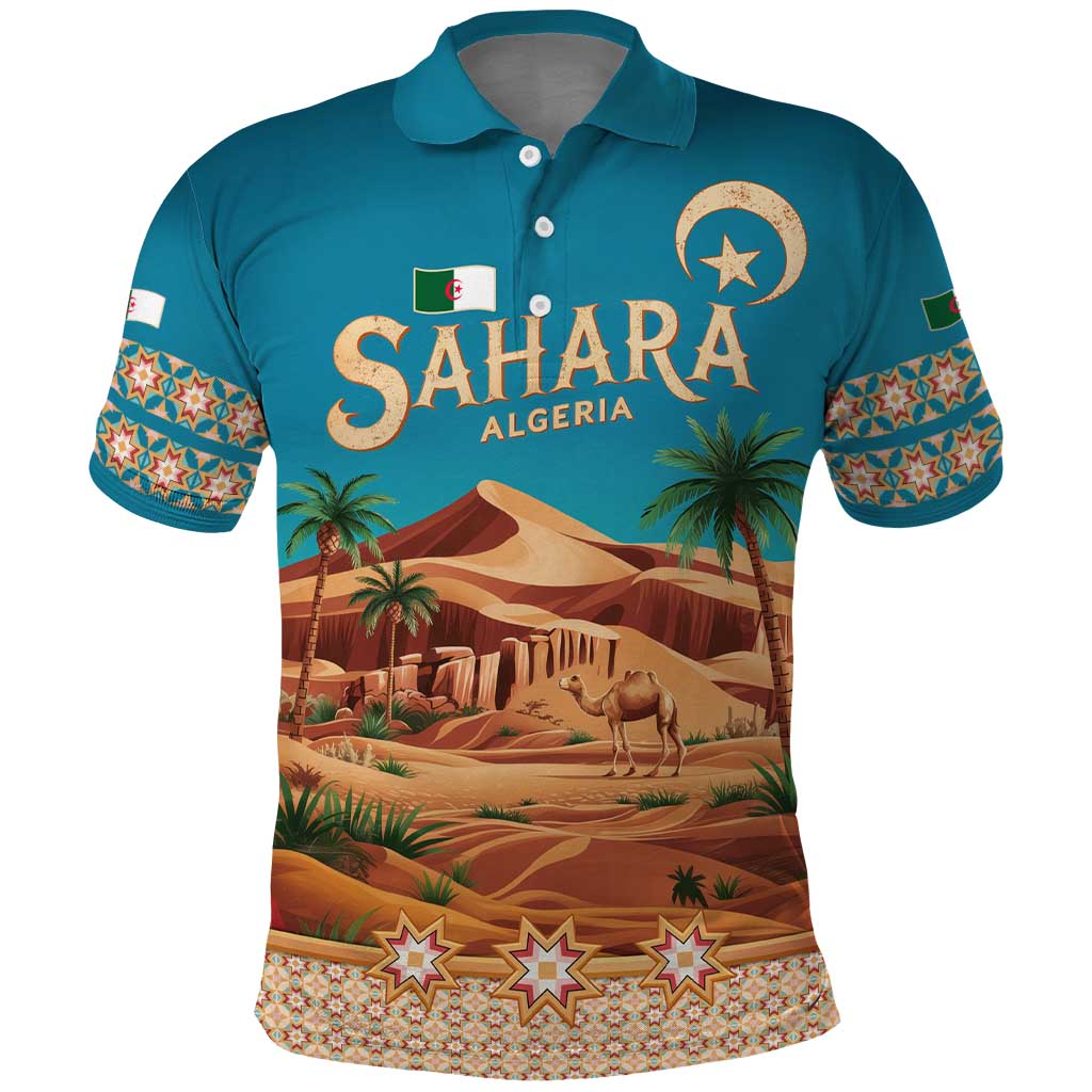 Sahara Algeria Polo Shirt with Desert Camel Landscape and Islamic Motif Design