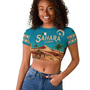 Sahara Algeria Raglan Cropped T shirt with Desert Camel Landscape and Islamic Motif Design