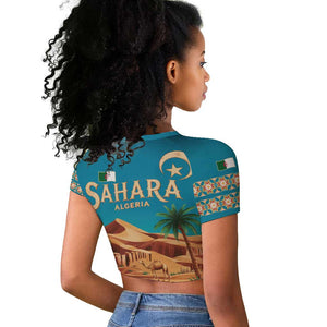 Sahara Algeria Raglan Cropped T shirt with Desert Camel Landscape and Islamic Motif Design