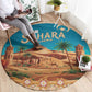 Sahara Algeria Round Carpet with Desert Camel Landscape and Islamic Motif Design