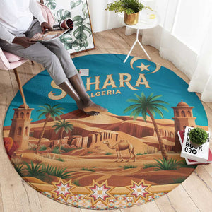 Sahara Algeria Round Carpet with Desert Camel Landscape and Islamic Motif Design