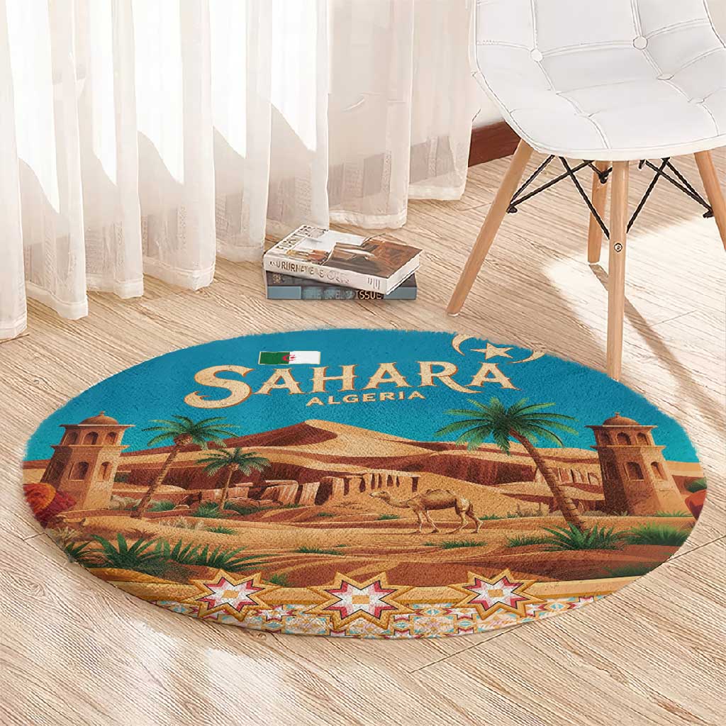 Sahara Algeria Round Carpet with Desert Camel Landscape and Islamic Motif Design