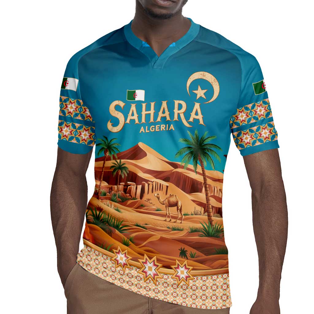Sahara Algeria Rugby Jersey with Desert Camel Landscape and Islamic Motif Design