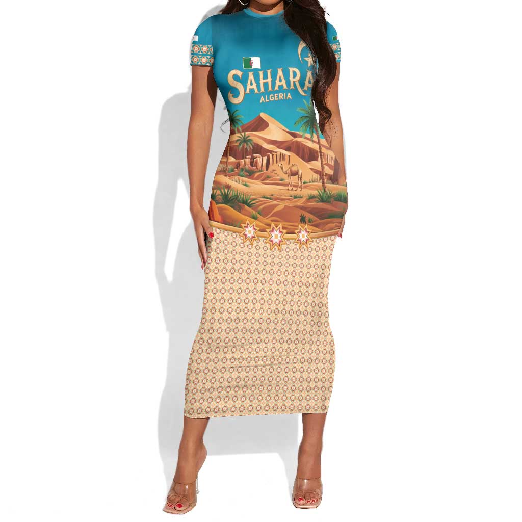 Sahara Algeria Short Sleeve Bodycon Dress with Desert Camel Landscape and Islamic Motif Design