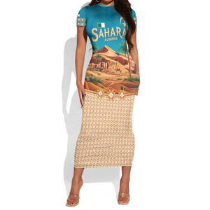 Sahara Algeria Short Sleeve Bodycon Dress with Desert Camel Landscape and Islamic Motif Design
