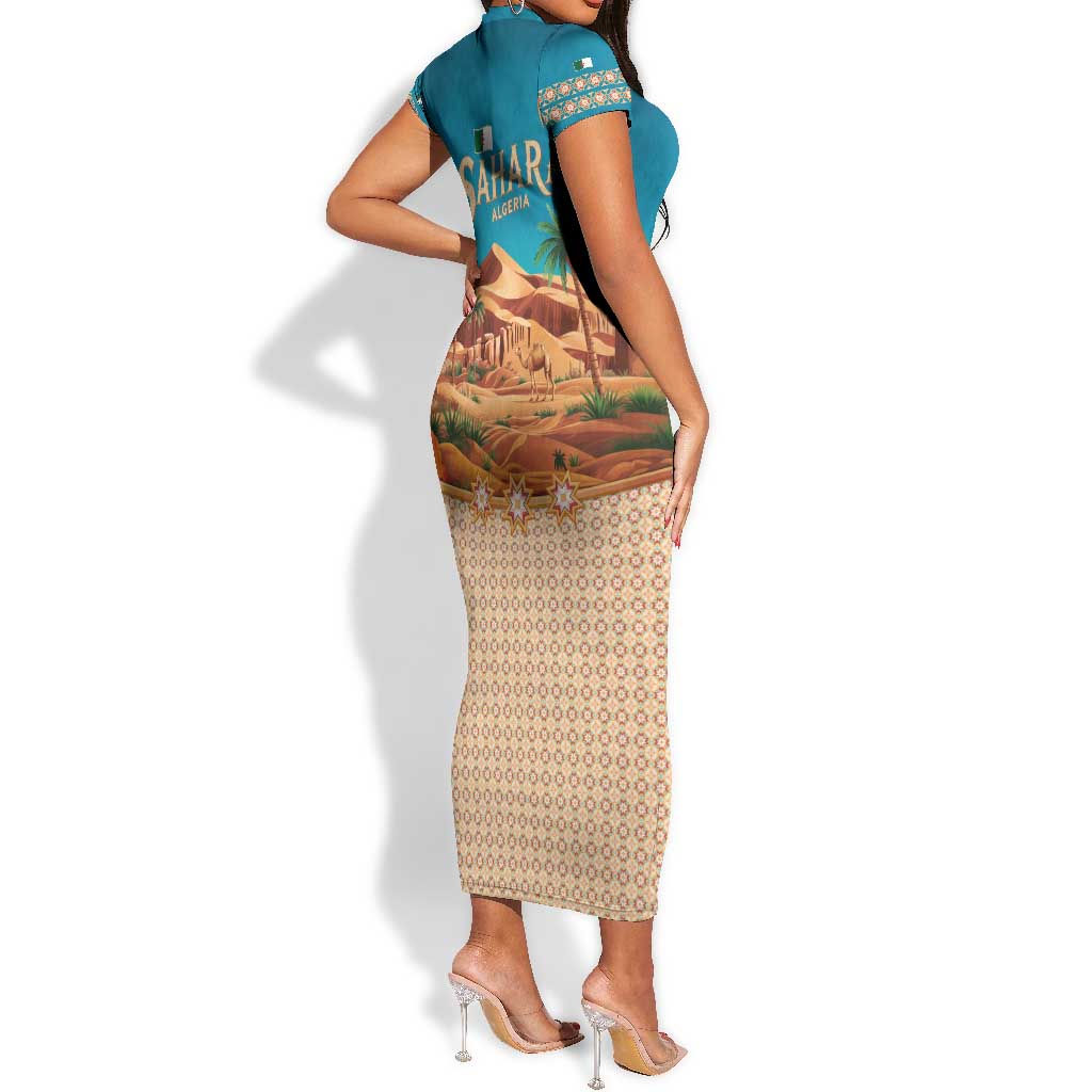 Sahara Algeria Short Sleeve Bodycon Dress with Desert Camel Landscape and Islamic Motif Design