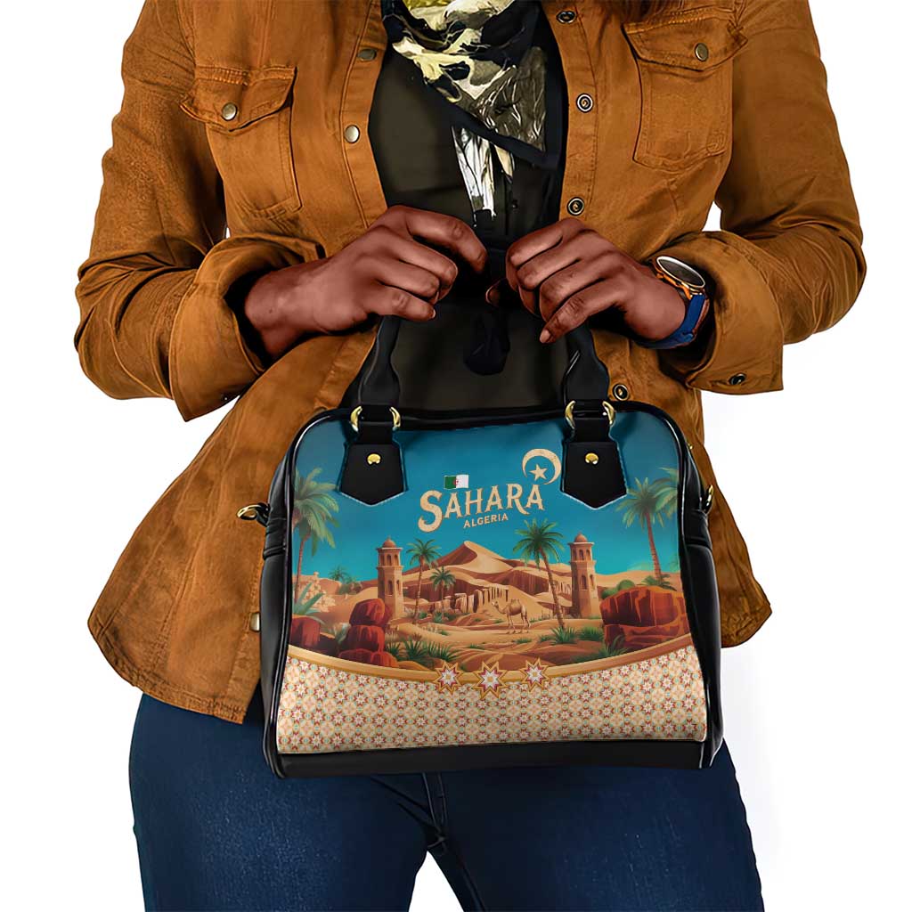 Sahara Algeria Shoulder Handbag with Desert Camel Landscape and Islamic Motif Design