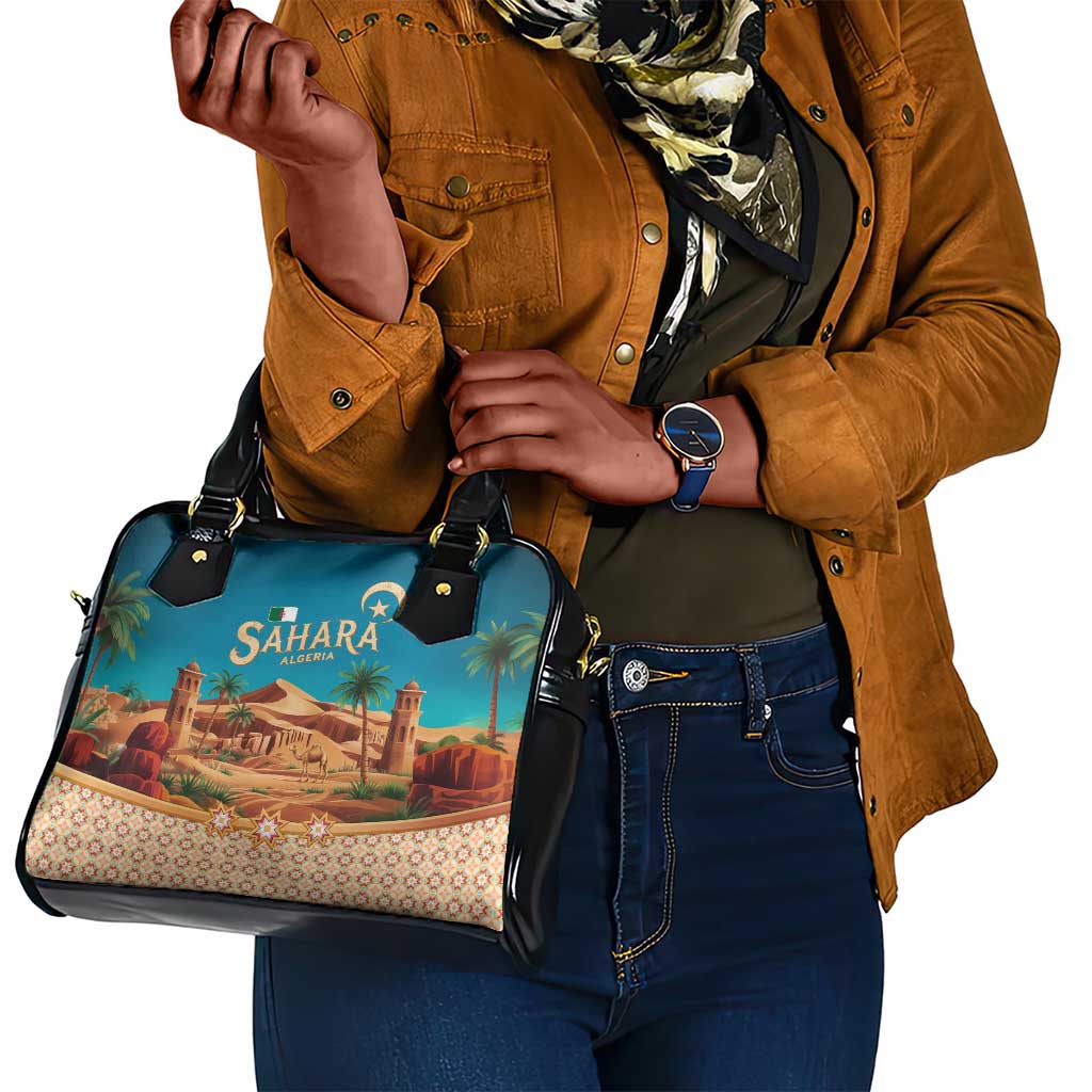 Sahara Algeria Shoulder Handbag with Desert Camel Landscape and Islamic Motif Design