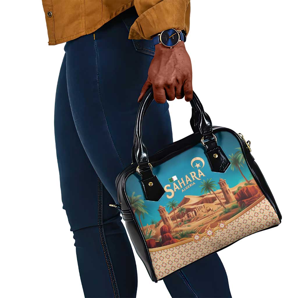 Sahara Algeria Shoulder Handbag with Desert Camel Landscape and Islamic Motif Design