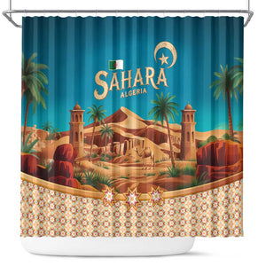 Sahara Algeria Shower Curtain with Desert Camel Landscape and Islamic Motif Design