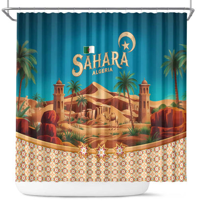 Sahara Algeria Shower Curtain with Desert Camel Landscape and Islamic Motif Design