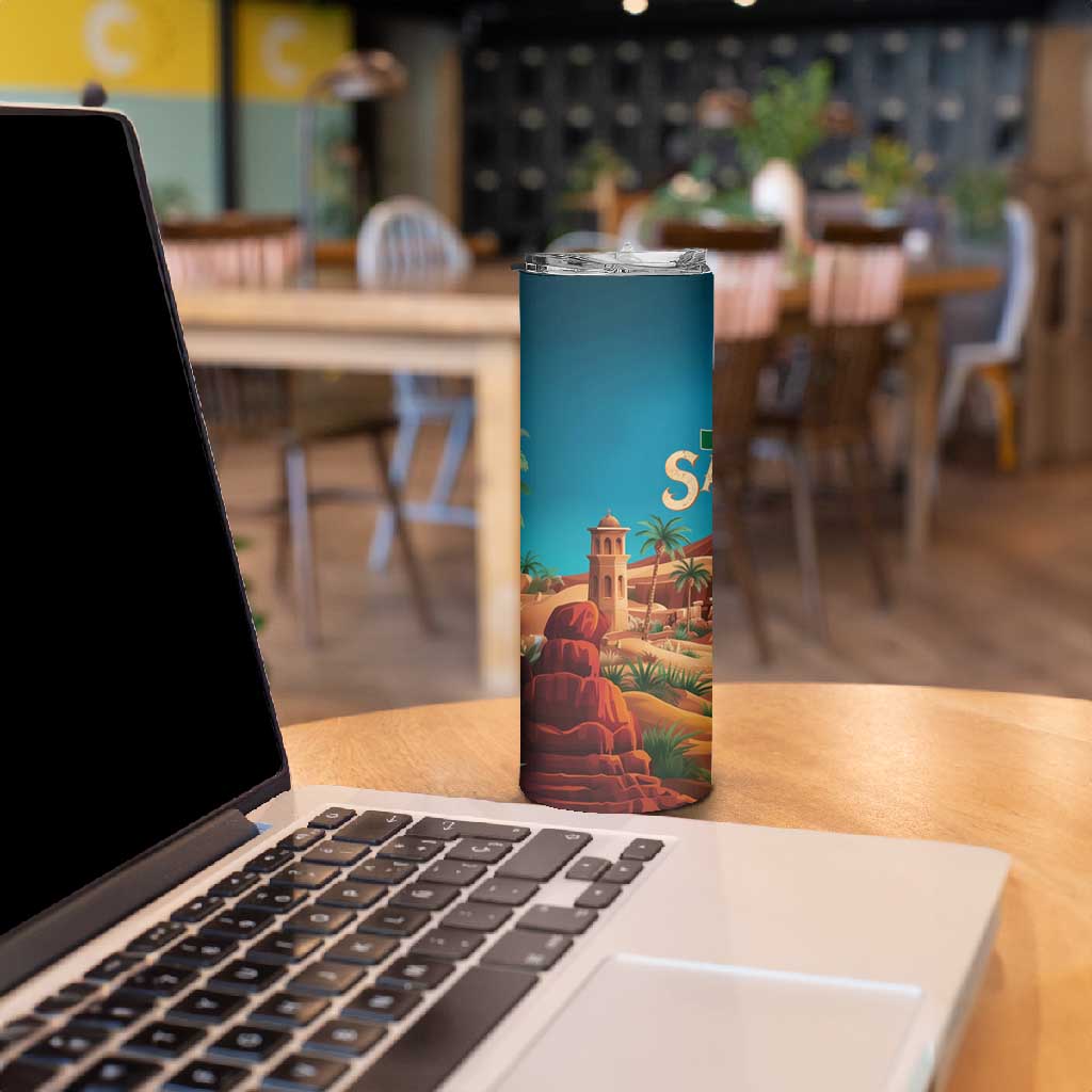 Sahara Algeria Skinny Tumbler with Desert Camel Landscape and Islamic Motif Design