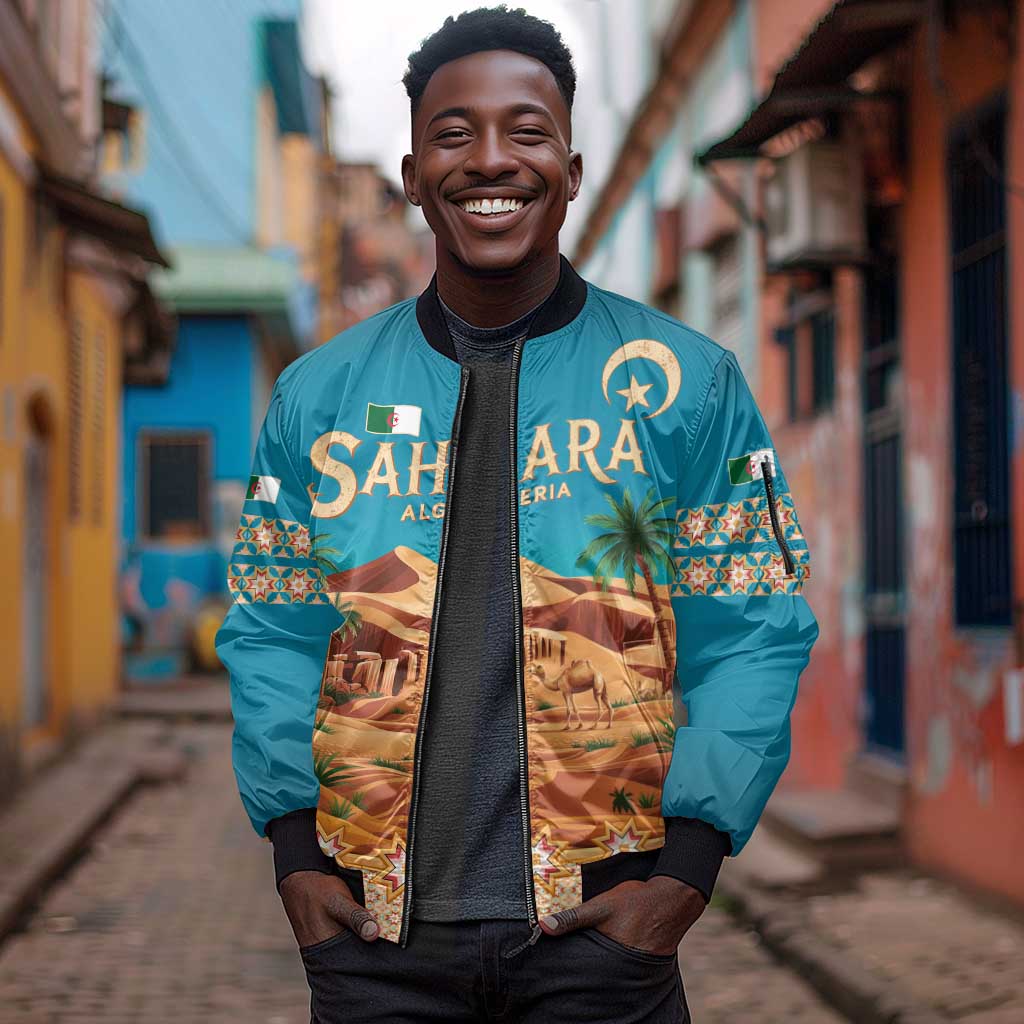 Sahara Algeria Sleeve Zip Bomber Jacket with Desert Camel Landscape and Islamic Motif Design